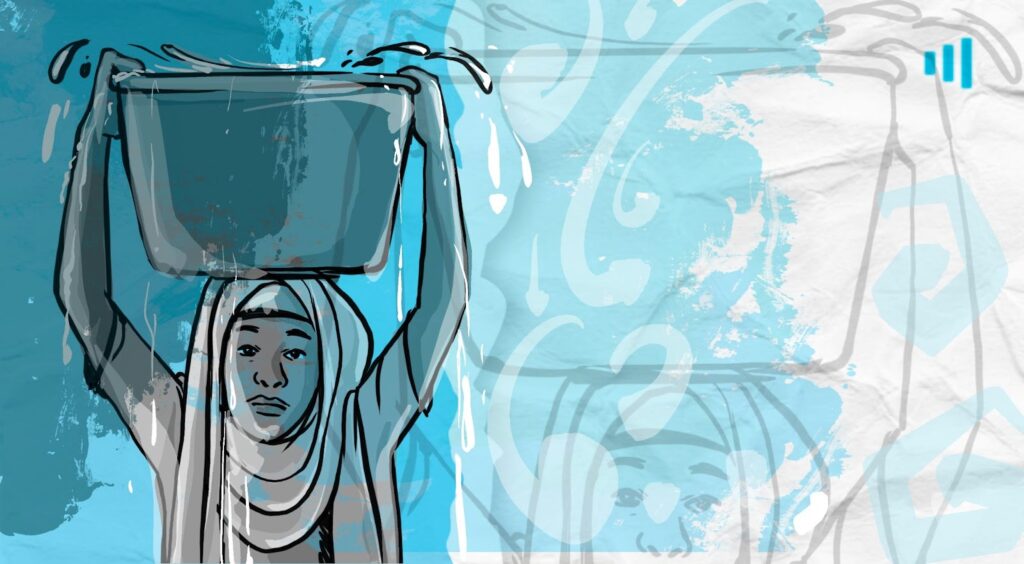 Illustration of a person carrying a water bucket on their head, with abstract blue water patterns in the background.