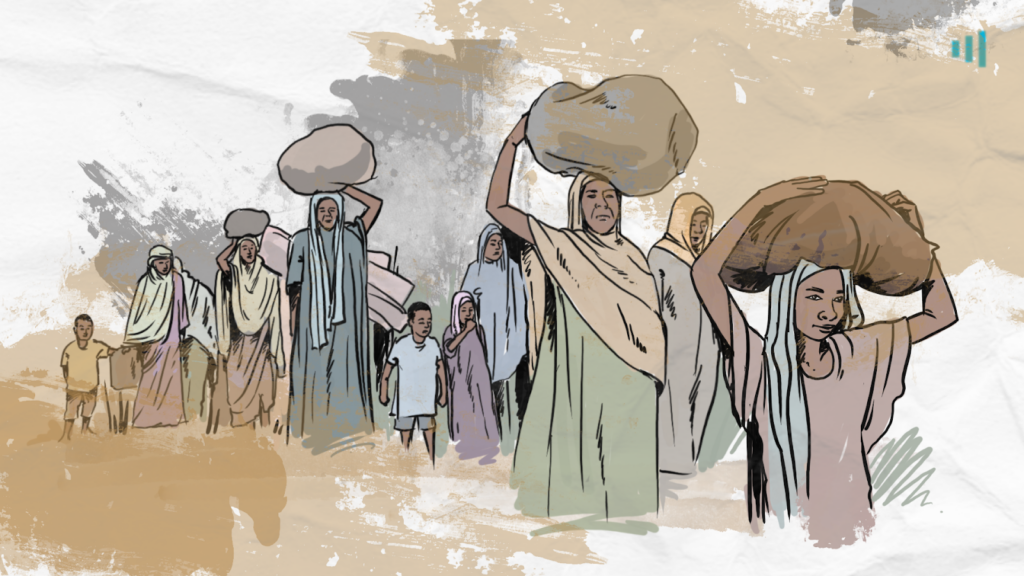 Illustration of people in traditional attire carrying goods on their heads, walking through a stylized, earth-toned background.