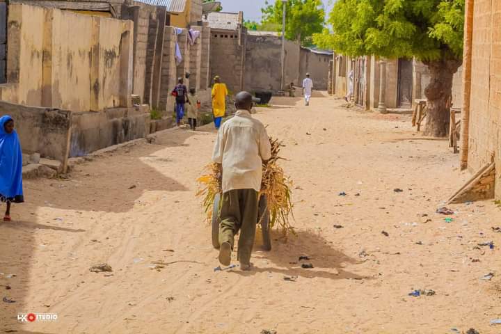 Man carrying firewood walks down a sandy street with people and buildings in a village setting.