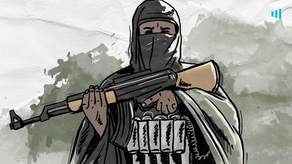 Illustration of a ninja holding a shotgun with ammunition across the chest.