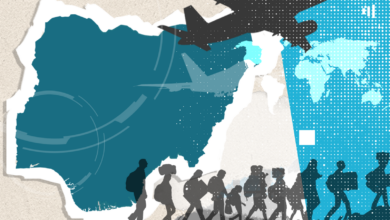 Illustration of silhouetted people migrating from a torn paper shaped as Africa toward a digital global map.