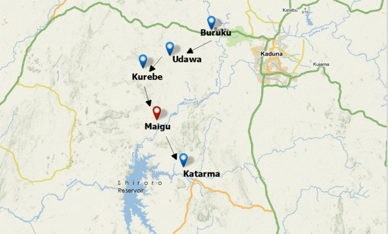 Map showing various locations with markers near Kaduna, Nigeria, featuring towns and a reservoir.