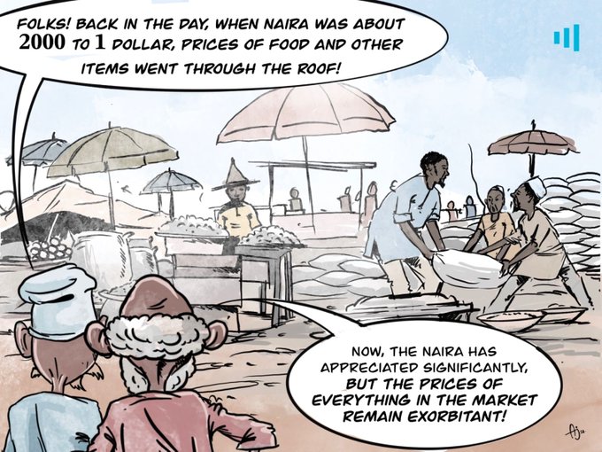 Illustration of a bustling market, with narration about the past and present value of Naira and its effect on prices.
