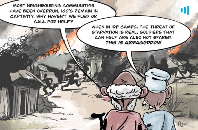 Illustration of two figures discussing the dire situation in refugee camps and nearby community turmoil with a fiery backdrop.
