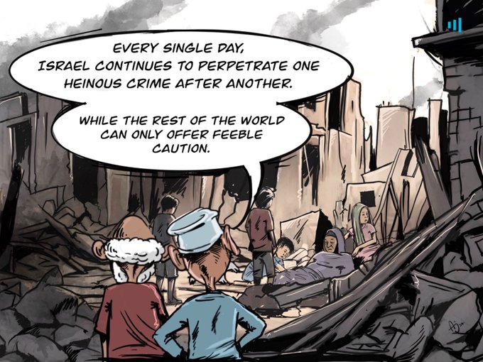 Cartoon depicting people looking at a devastated area with critical speech bubbles on global reaction.