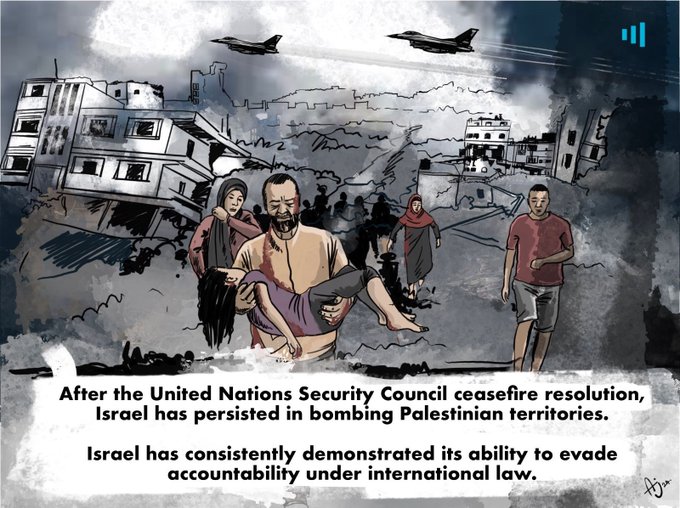 Illustration of people in a war-torn area with text on Israeli actions in Palestinian territories.