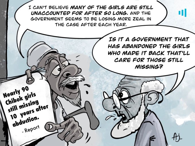 Cartoon of two men discussing the government's fading zeal in accounting for the missing Chibok girls after 10 years.