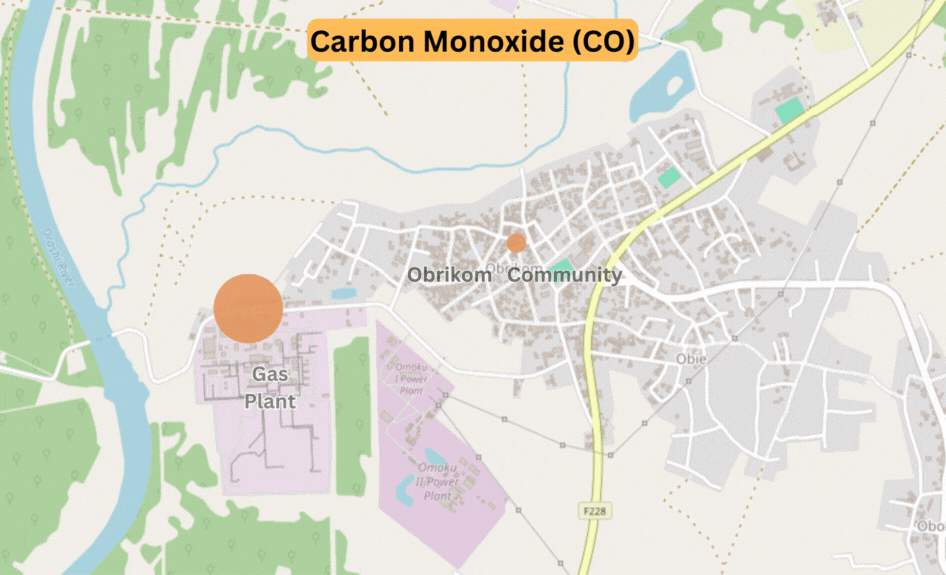 Map highlighting a gas plant with a nearby label "Carbon Monoxide (CO)" in an urban area.