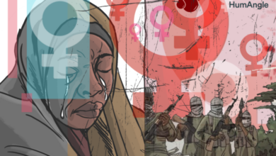 Illustration of a crying woman with a backdrop of armed figures, symbols of violence and the logo "HumAngle."
