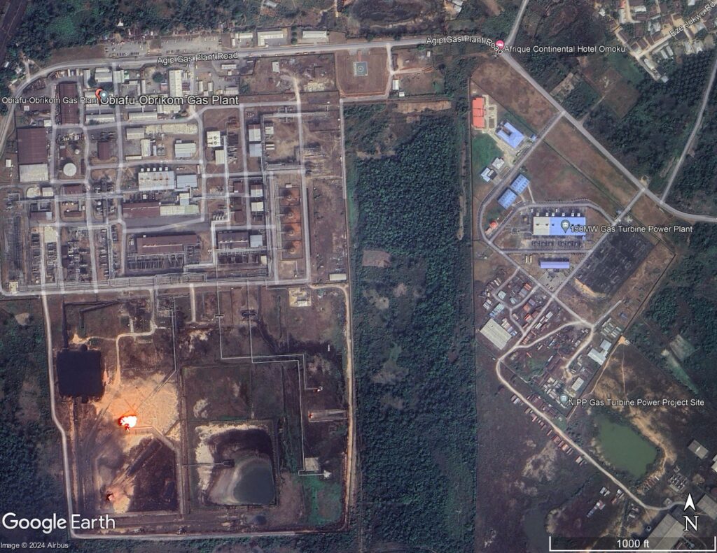 Aerial view of an industrial gas plant complex with labeled facilities and adjacent power plant.