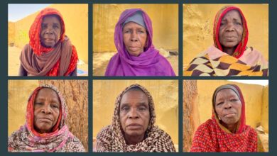 Six portraits of elderly women with colorful headscarves against a yellow background.