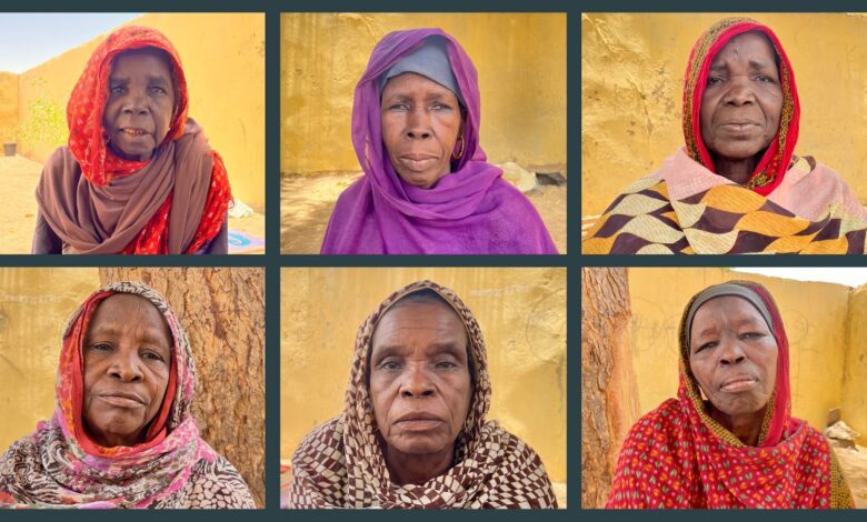Six portraits of elderly women with colorful headscarves against a yellow background.