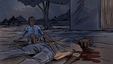 Illustration of a shocked man sitting beside another laying motionless with blood on the ground.