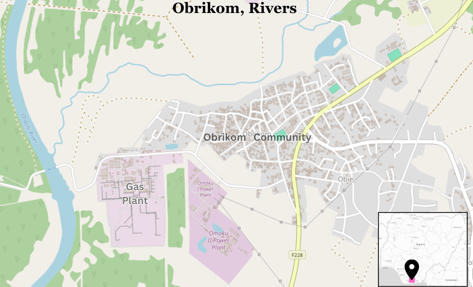 Map showing Obricom, Rivers with community layout, roads, gas and power plants.
