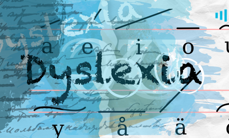Abstract background with overlapping letters and the word "Dyslexia" in the center, depicting text confusion.