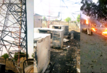 A collage of three images showing damaged electrical infrastructure and a fire, possibly after an incident.
