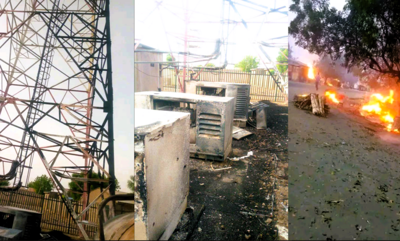 A collage of three images showing damaged electrical infrastructure and a fire, possibly after an incident.