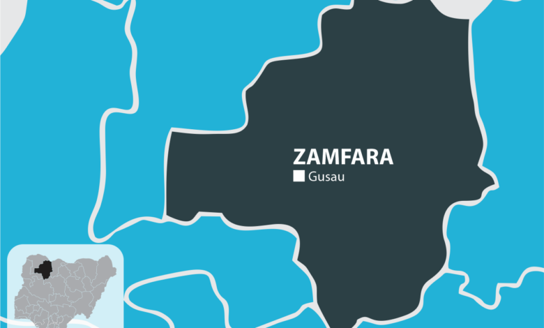 Stylized map highlighting Zamfara state with its capital Gusau in Nigeria, showing surrounding geographical borders.