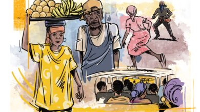 Illustration of a bustling street scene with people, a person selling fruit, others boarding a bus, and a figure running.