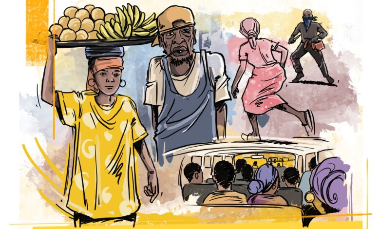 Illustration of a bustling street scene with people, a person selling fruit, others boarding a bus, and a figure running.