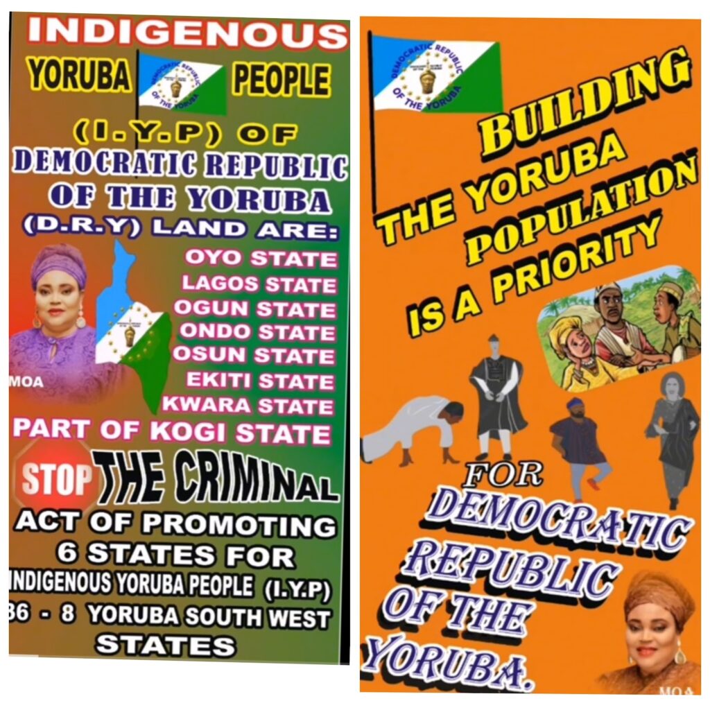Two posters side by side advocating for Yoruba people's rights and demographic priority in a "Democratic Republic of the Yoruba."