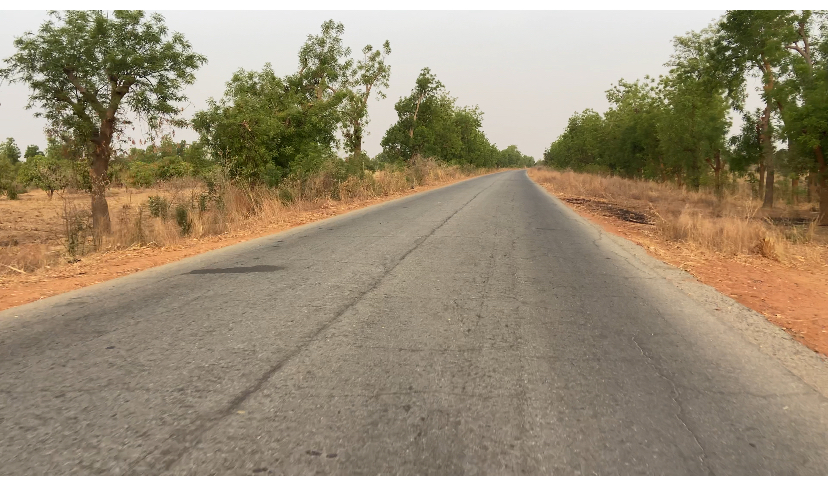 A straight, empty road leading through a dry landscape with sparse trees on either side.