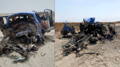 Two images of a severely wrecked blue vehicle in a desert-like environment.