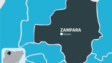 A stylized map featuring Zamfara state with its capital, Gusau, in Nigeria.