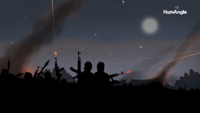 Silhouetted figures with weapons against a twilight sky with light streaks and a watermark "HumAngle".
