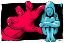 Illustration of a small blue figure sitting hunched over, dominated by a giant red hand looming over it.