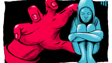 Illustration of a small blue figure sitting hunched over, dominated by a giant red hand looming over it.