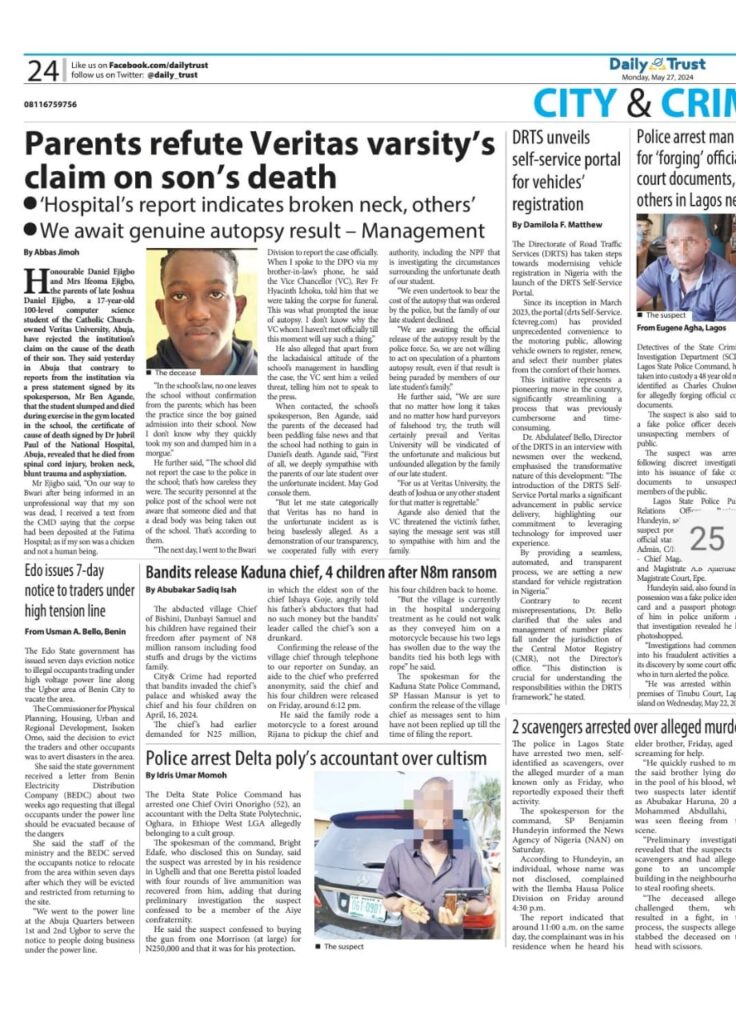 A newspaper page with articles about various incidents, including a dispute about a student's death and criminal reports.