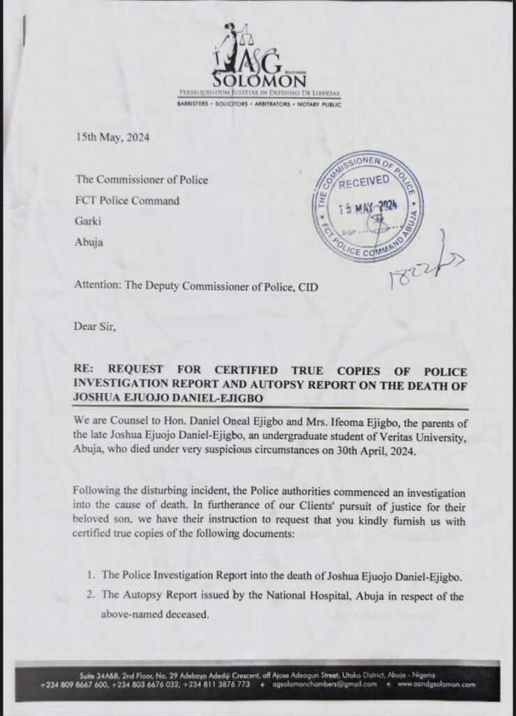 An official document with a letterhead from IAG Solomon, requesting police and autopsy reports for Joshua Ejujo Daniel-Ejigbo.
