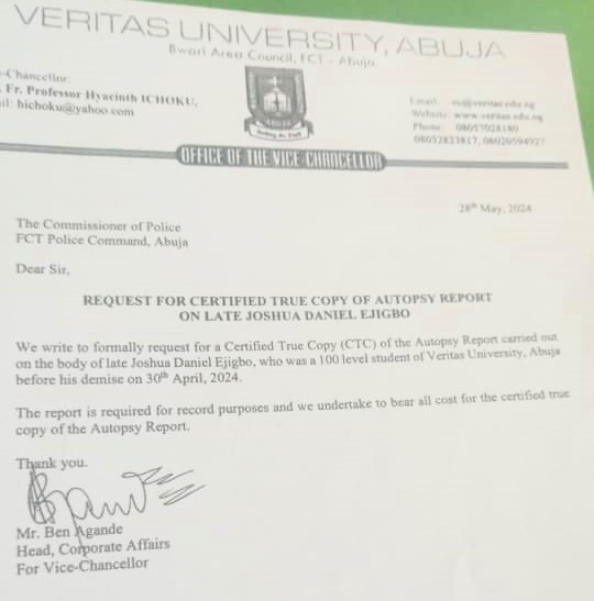 Letterhead from Veritas University requesting a certified autopsy report copy for a student, dated April 30, 2024.