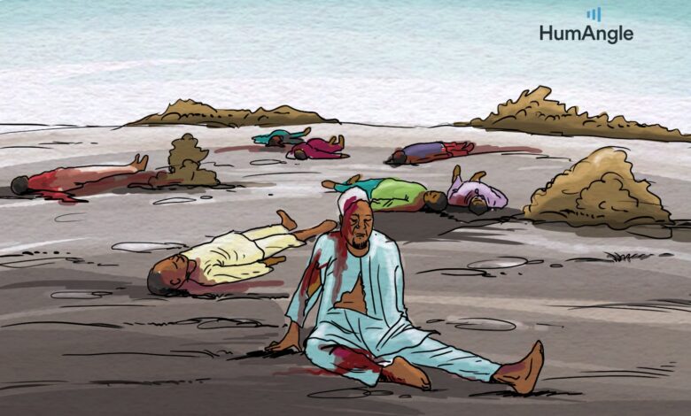 Illustration of a distressed person amidst several motionless bodies on a barren landscape, with "HumAngle" logo in corner.