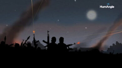 Silhouetted figures with raised guns against a night sky with trailing lights and a bright moon.