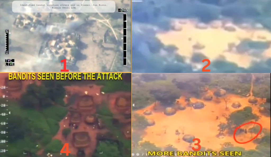 Four-part aerial footage showing various locations with captions regarding bandit sightings before an attack.