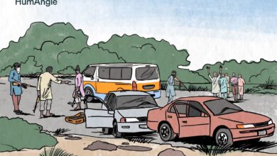 An illustrated scene with armed individuals stopping cars and passengers on a rural road.