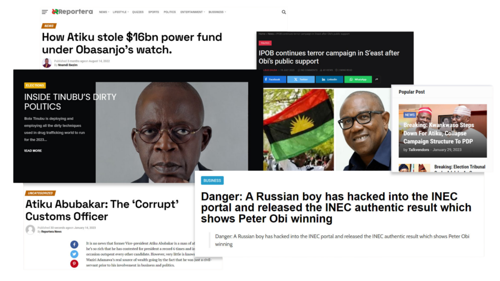 Screenshot of a news website with articles on Nigerian politics, including election-related controversies.
