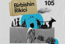 Graphic for "Birbishin Rikici" Episode 105 with mixed media images depicting people, animals and vehicles in a desert-like setting.