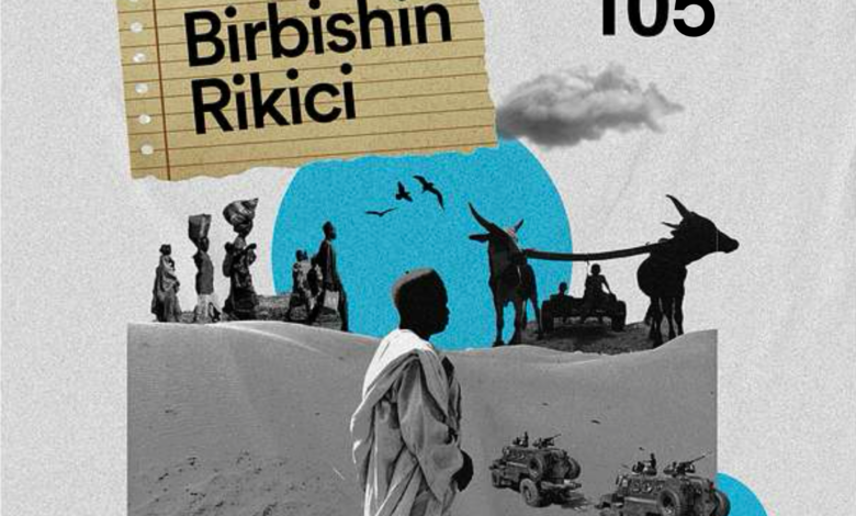 Graphic for "Birbishin Rikici" Episode 105 with mixed media images depicting people, animals and vehicles in a desert-like setting.