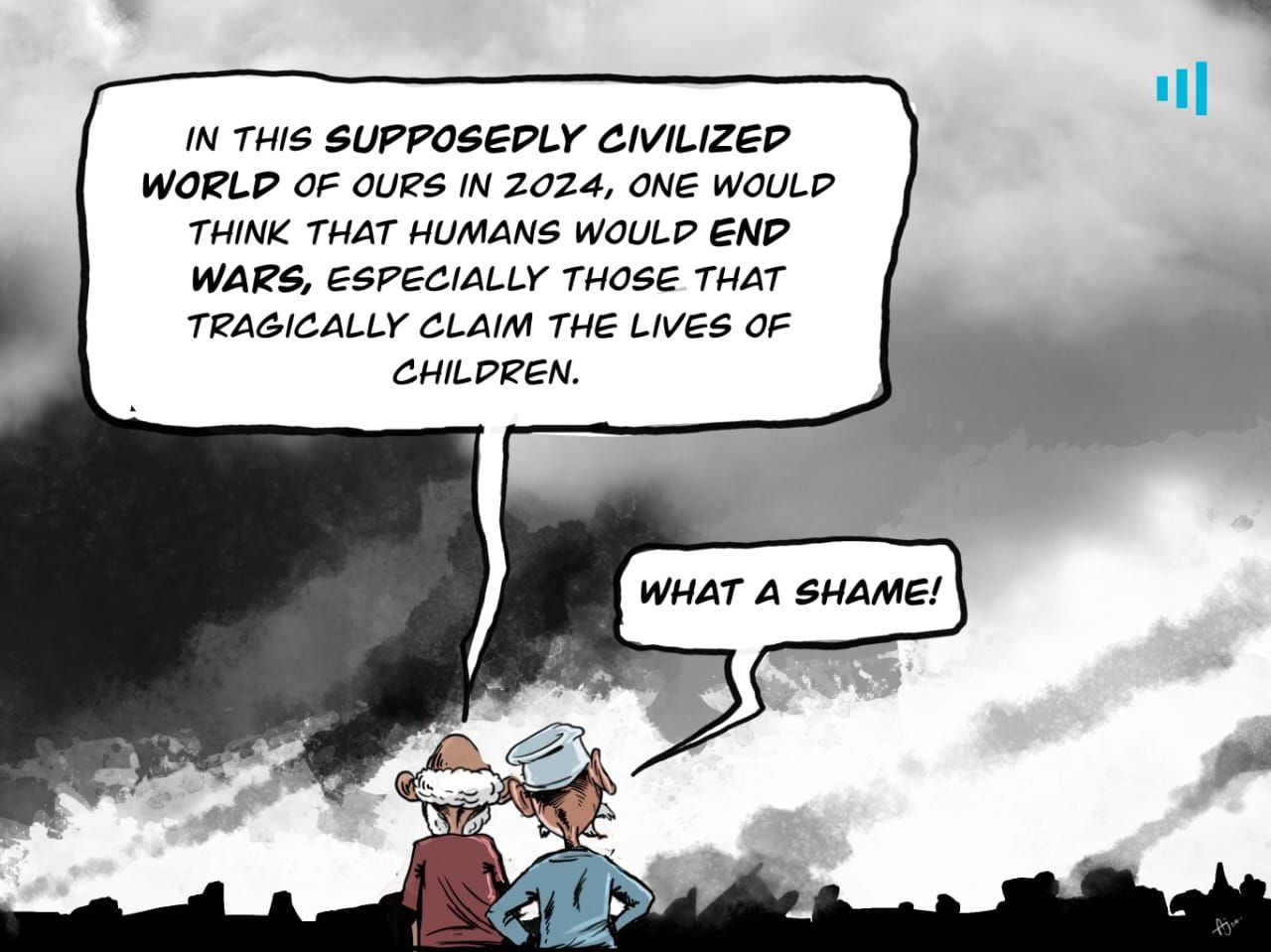 Illustration of two people lamenting over child casualties in wars in 2024, with dialogue bubbles expressing sorrow and shame.
