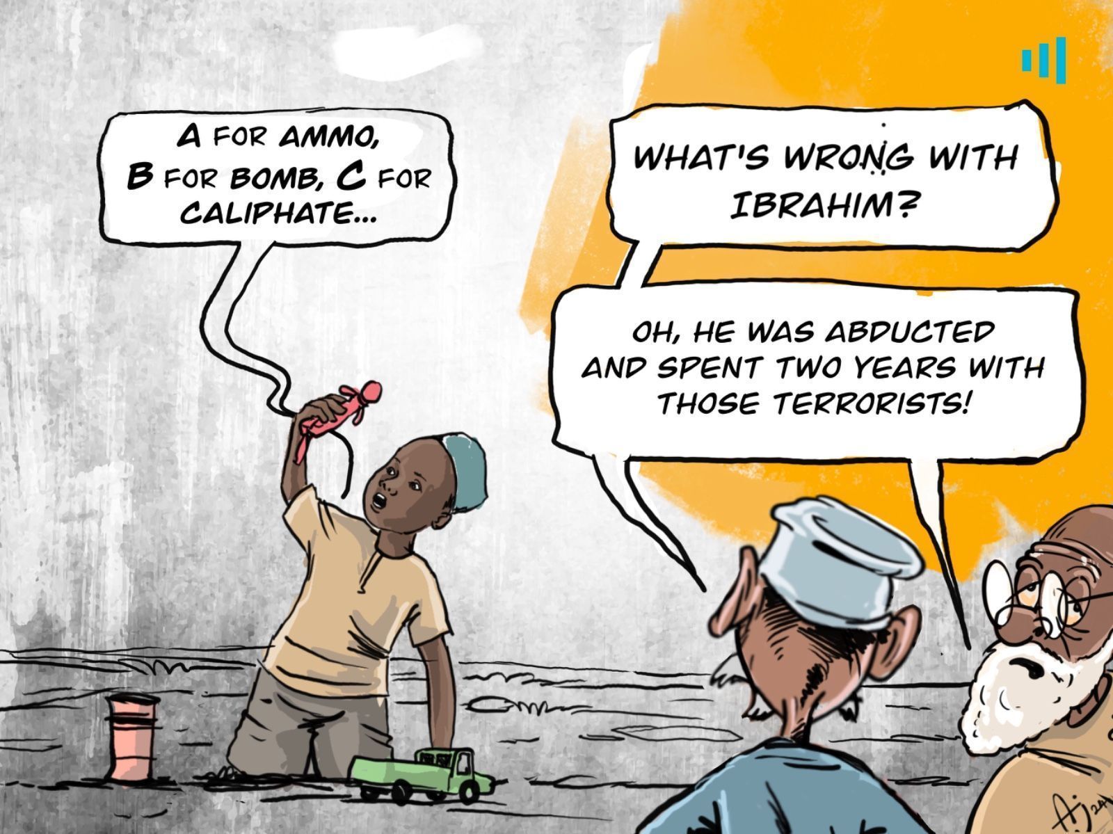 Illustration: A child plays with a toy, mimicking militant language, while adults discuss his past with terrorists.