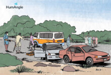 Illustration of people and stranded cars with flat tires on a rural road.