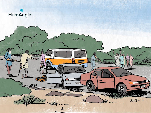 Illustration of people and stranded cars with flat tires on a rural road.