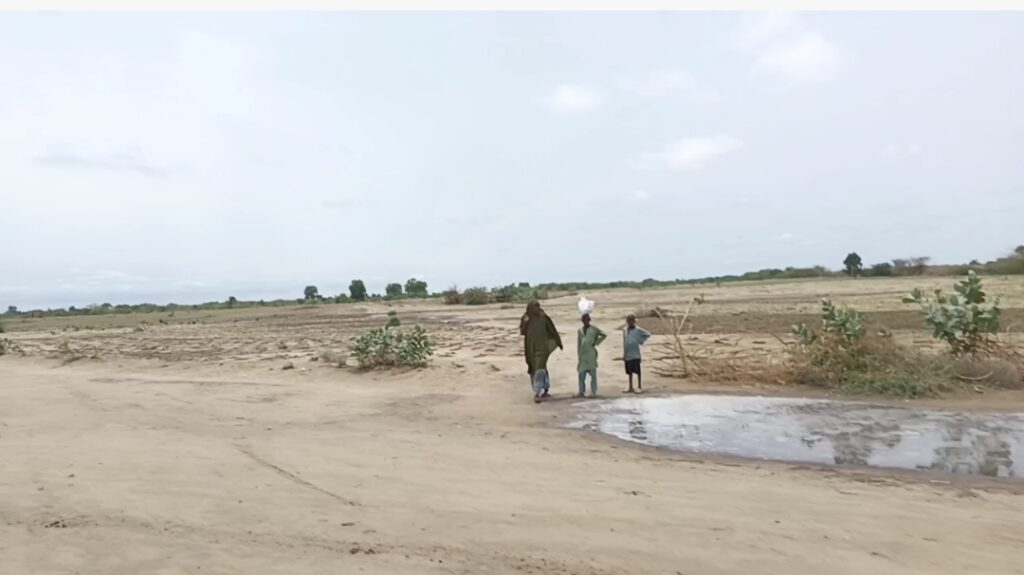 Two people standing near a water puddle in a wide, barren landscape with sparse vegetation under an overcast sky.