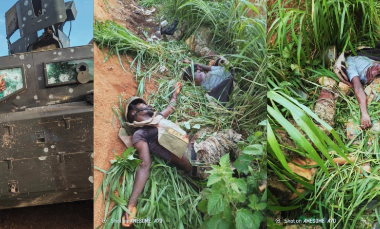 A damaged armored vehicle with bullet holes and two scenes showing individuals lying in the grass, potentially depicting a conflict situation.