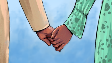 Illustration of two people holding hands, one wearing a green patterned sleeve and the other a beige one.