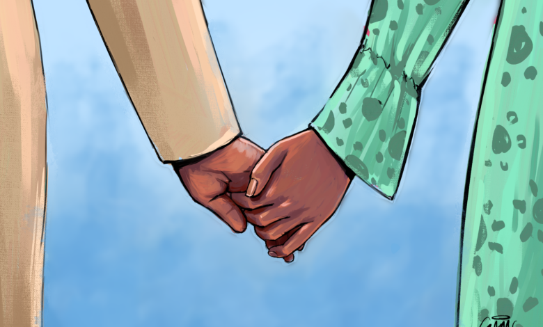 Illustration of two people holding hands, one wearing a green patterned sleeve and the other a beige one.