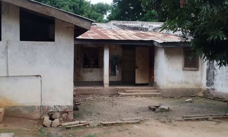 Dilapidated building with rusty roof and open doorway surrounded by greenery.